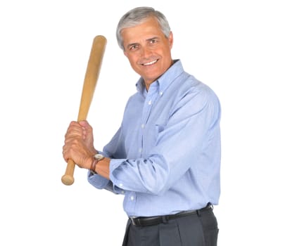 Mature Businessman Wearing Blue Shirt Holding Baseball Bat isolated on white