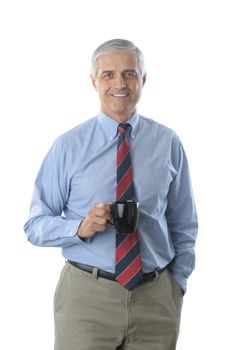 Middle Aged Businessman Holding a Coffee Cup isolated on white verticlal format.