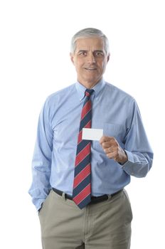 Businessman holding blank business card isolated on white vertical format torso only