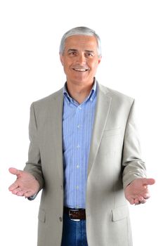 Portrait of a casual middle aged man wearing blue jeans, dress shirt and a sport coat. Man has both hands extended in front of himself over a white background.