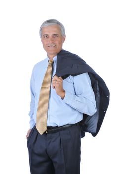 Smiling businessman with jacket over his shoulder isolated over white