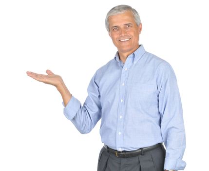 Mature Businessman Wearing Blue Shirt With Hand Extended Palm up isolated on white