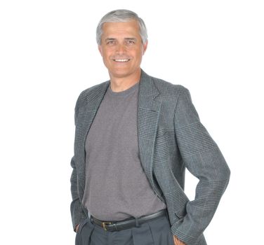 Casual Businessman in Tee Shirt and Jacket with hands in pockets isolated on white