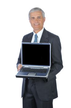 Smiling Businessman Holding an open Laptop Computer isolated on white