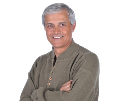 Mature Male Wearing Green Sweater With His Arms Folded isolated on white
