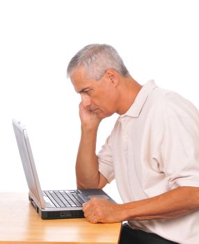 Man Looking Intently at Laptop side view isolated