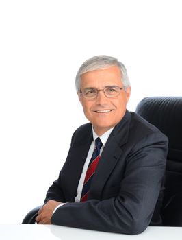 Portrait of a seated mature businessman. Man is smiling and wearing eyeglasses, over a white background.