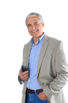 Mature businessman in casual attire holding a cell phone.