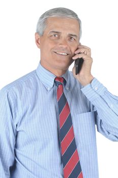 Smiling Middle aged businessman talking on his cell phone isolated over white