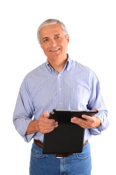 A casually dressed businessman holding a tablet computer in a case. Vertical composition over a white background.