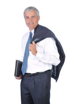 Businessman Carrying Small Notebbook With His Suit Jacket Over One Shoulder isolated on white