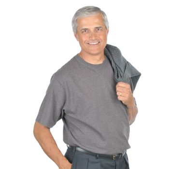 Mature Businessman Wearing Tee Shirt With Jacket over his shoulder isolated on white