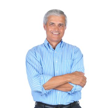 Mature Businessman Wearing Striped Blue Shirt With His Arms Folded isolated on white