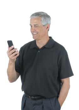 Middle Aged Businessman Looking at Cell Phone isolated over white