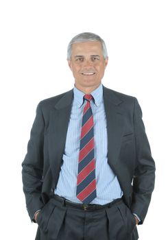 Portrait of a Smiling Middle aged businessman with hands in pockets  isolated over white