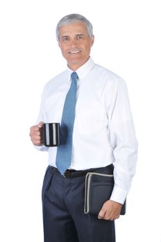 Smiling Businessman With Coffee Mug  and Notebook isolated on white