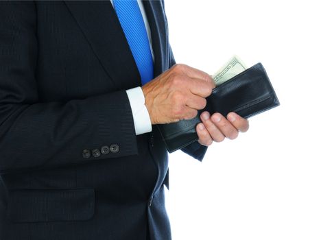 Closeup of a businessman wearing a dark suit taking money from his wallet.  Horizontal format over a white background only showing the mans torso and hands.