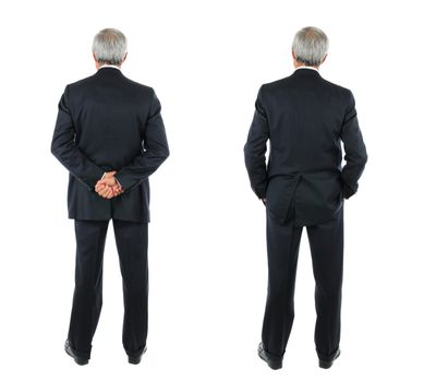 Two images of the same middle aged businessman seen from behind, different poses. Full length shot over a white background.