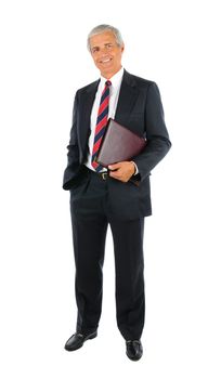 Smiling middle aged businessman in a suit and tie holding a leather portfolio. Full length over a white background.