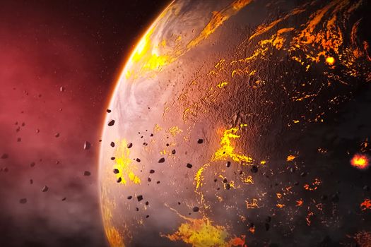 Illustration, asteroids around a young hot planet.