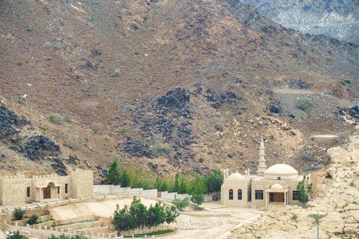 Mosque, place of worship, in the mountains of Fujairah, UAE. Concept of religion and spirituality