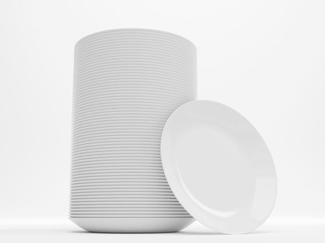Stack of white plate isolated on white background. Set of empty  ceramic dish. 3D rendering with clipping path.