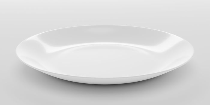 Empty white plate or ceramic dish isolated on white background. 3D rendering with clipping path