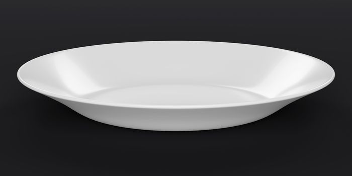 Empty white plate or ceramic dish on black background. 3D rendering with clipping path