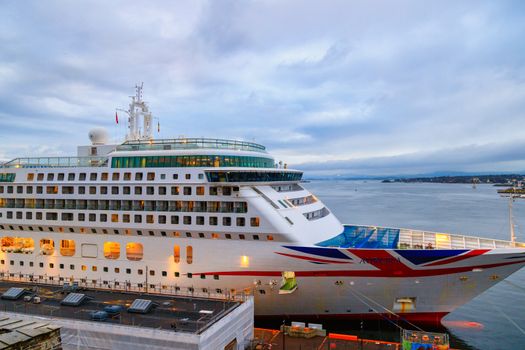 Norway, Oslo, CIRCA 2020: MV Aurora cruise ship of the P&O Cruises fleet docked in harbor due to covid19 restrictions. Concept of cruise ship stop due to coronavirus pandemic