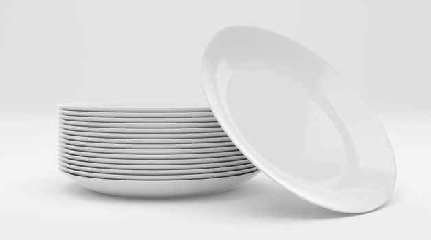 Stack of white plate isolated on white background. Set of empty  ceramic dish. 3D rendering with clipping path.