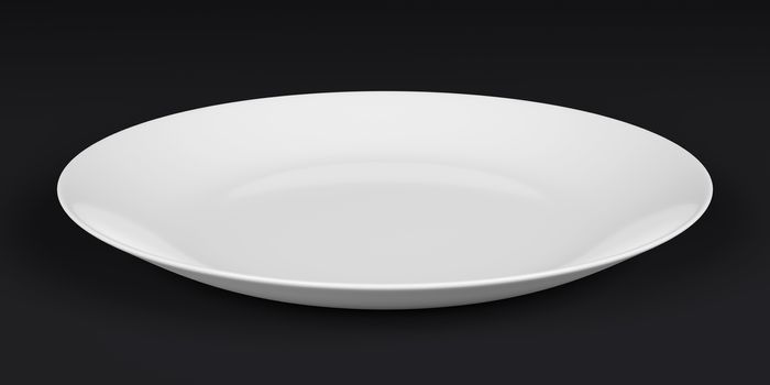 Empty white plate or ceramic dish on black background. 3D rendering with clipping path