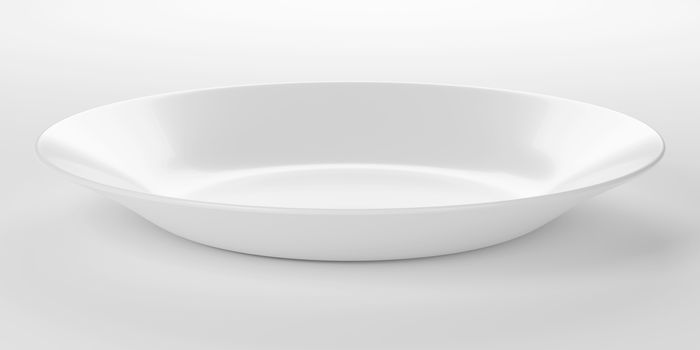 Empty white plate or ceramic dish isolated on white background. 3D rendering with clipping path