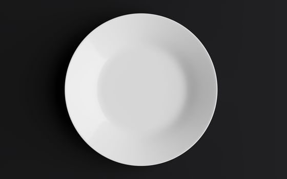 Empty white plate or ceramic dish on black background. 3D rendering with clipping path.