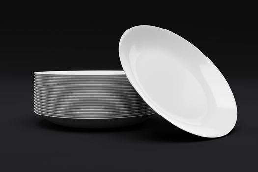 Stack of white plate isolated on black background. Set of empty  ceramic dish. 3D rendering with clipping path.