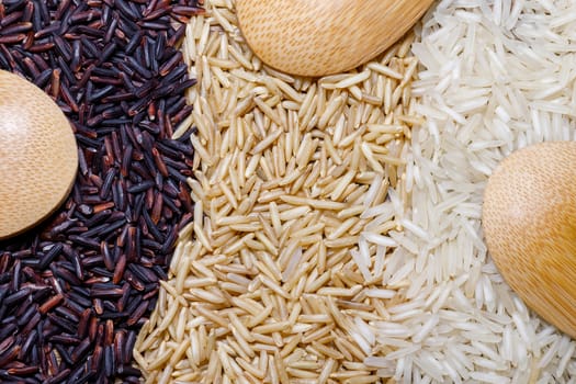 Black wild rice, brown wild rice and white jasmine rice flat lay. Creative layout. Food concept