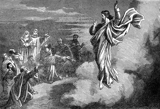 An engraved illustration image of Jesus Christ's resurrection Ascension into Heaven, from a vintage Victorian book dated 1883 that is no longer in copyright