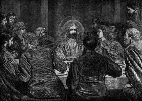 An engraved vintage illustration image of Jesus at the Last Supper of the New Testament Bible from a Victorian book dated 1883 that is no longer in copyright
