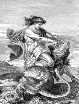 An engraved illustration image of  Samson slaying the lion, from a vintage Victorian book dated 1883 that is no longer in copyright