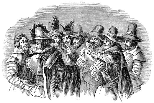 An engraved illustration image of Guy Fawkes and his accomplices. The conspirators of the 5th of November Gunpowder plot on Bonfire Night, from a Victorian book dated 1878 that is no longer in copyright