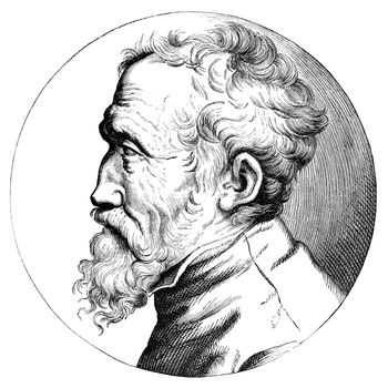 An engraved illustration drawing of Michelangelo artist, painter, sculptor, best known for the ceiling paintings of the Sistine Chapel at the Vatican, Rome, Italy, from a Victorian book dated 1879 that is no longer in copyright