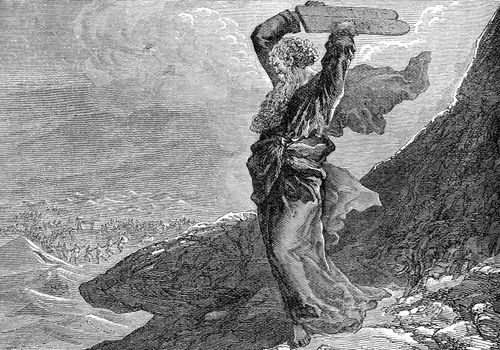 An engraved illustration image of Moses breaking the two tablets of stone, from a vintage Victorian book dated 1883 that is no longer in copyright