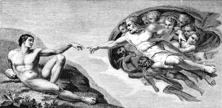 An engraved illustration drawing of Michelangelo's The Creation of Man from the ceiling of the Sistine Chapel at the Vatican, Rome, Italy, from a Victorian book dated 1879 that is no longer in copyright