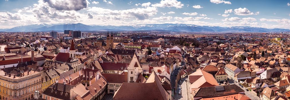 Sibiu, Romania - March 09, 2019. Aerial view from Saint Mary Lutheran Cathedral in Sibiu city, Romania