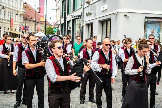 Sibiu City, Romania - 21 June 2019. The Bagad Ronsed-Mor from France, performing at the Sibiu International Theatre Festival from Sibiu, Romania.