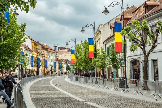 Sibiu City, Romania - 9 May 2019. Balcescu pedestrian street ready for the European Union's day and reception at Informal meeting of heads of state or government 2019 in Sibiu, Romania
