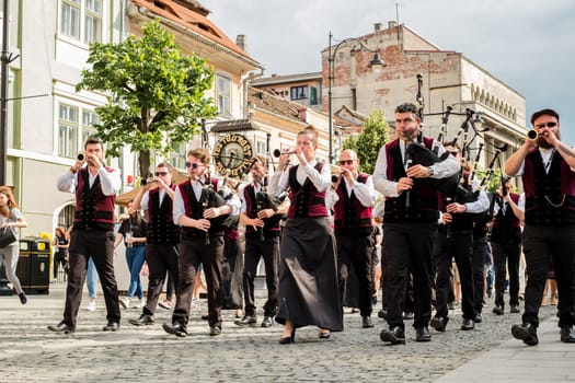 Sibiu City, Romania - 21 June 2019. The Bagad Ronsed-Mor from France, performing at the Sibiu International Theatre Festival from Sibiu, Romania.
