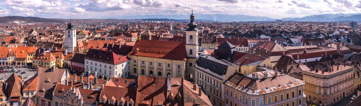 Aerial view from Saint Mary Lutheran Cathedral in Sibiu city, Romania