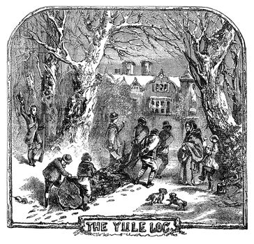 An engraved illustration drawing of people hauling the Yule Log to celebrate the Christmas festival  from a Victorian book dated 1878 that is no longer in copyright