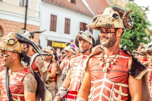 Sibiu City, Romania - 16 June 2019. Batucada Villa Pipol band , Brazilian percussion style of African influences, performing at the Sibiu International Theatre Festival from Sibiu, Romania.