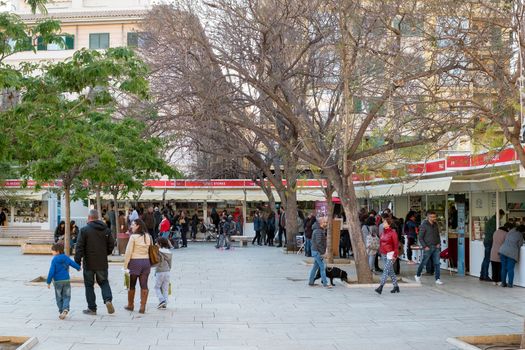 Malaga, Spain - May 05, 2018. Book fair in the Merced plaza, Historical centre of Malaga, Costa del sol, Spain